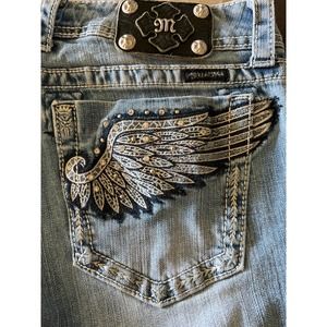 Miss Me Women Medium Wash Embroidered Stud Pocket Mid Rise Bootcut Jeans Size 31